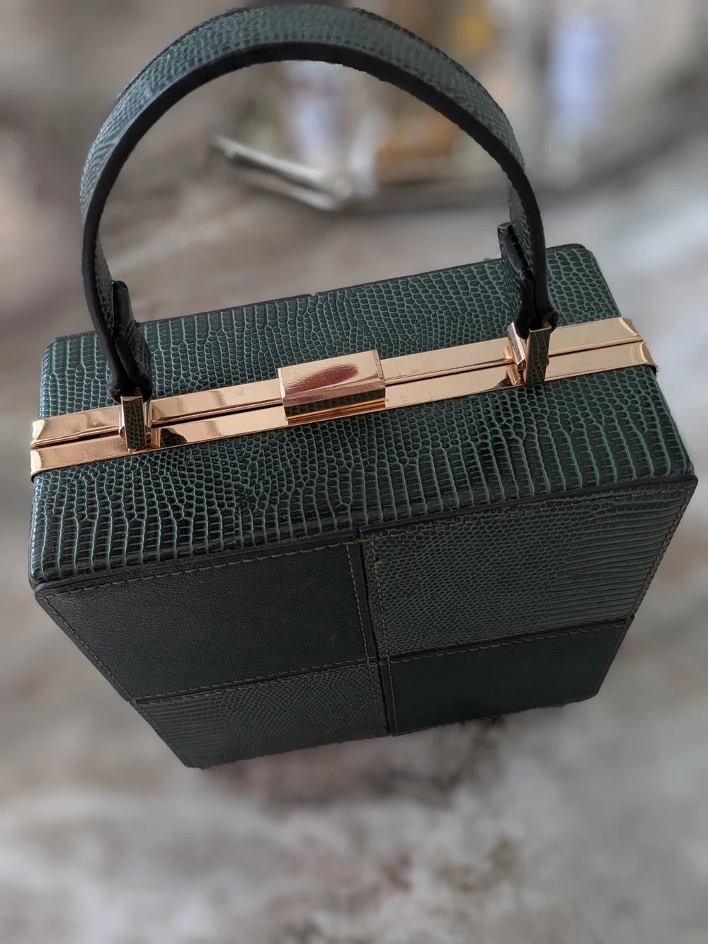 Topshop Dark Green Patchwork Box Satchel with Gold Chain
